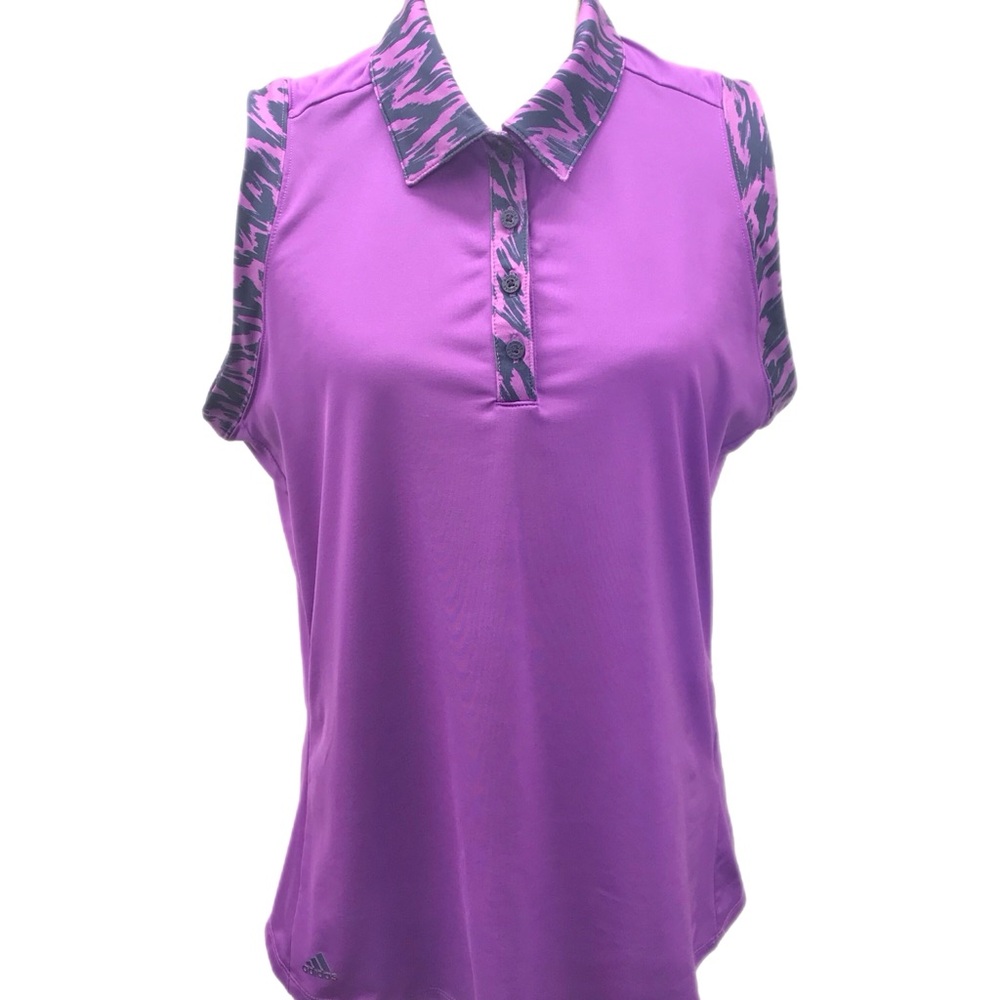 Adidas Golf Polo‎ Womens Size Large Purple Black Sleeveless Logo Active Top.